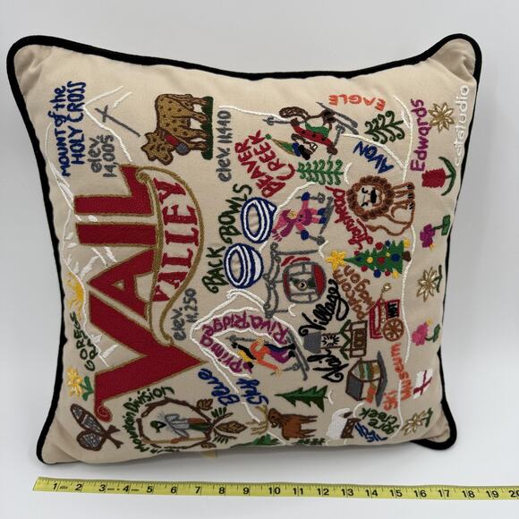 Catstudio Vail Valley Hand Embroidered Pillow Ski Resort Mountain Cabin Gift - Picture 3 of 9